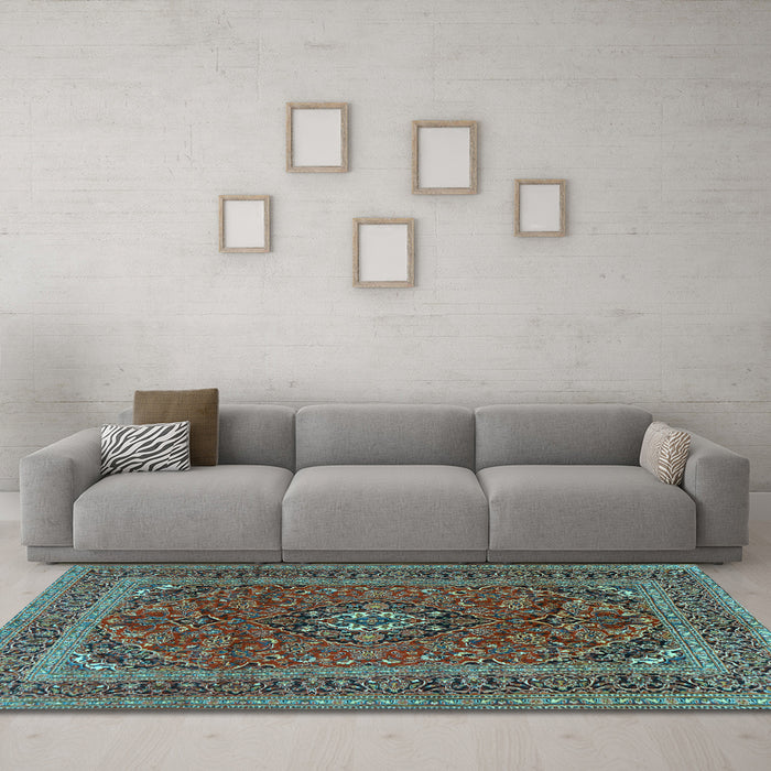 Machine Washable Medallion Light Blue Traditional Rug in a Living Room, wshtr2902lblu
