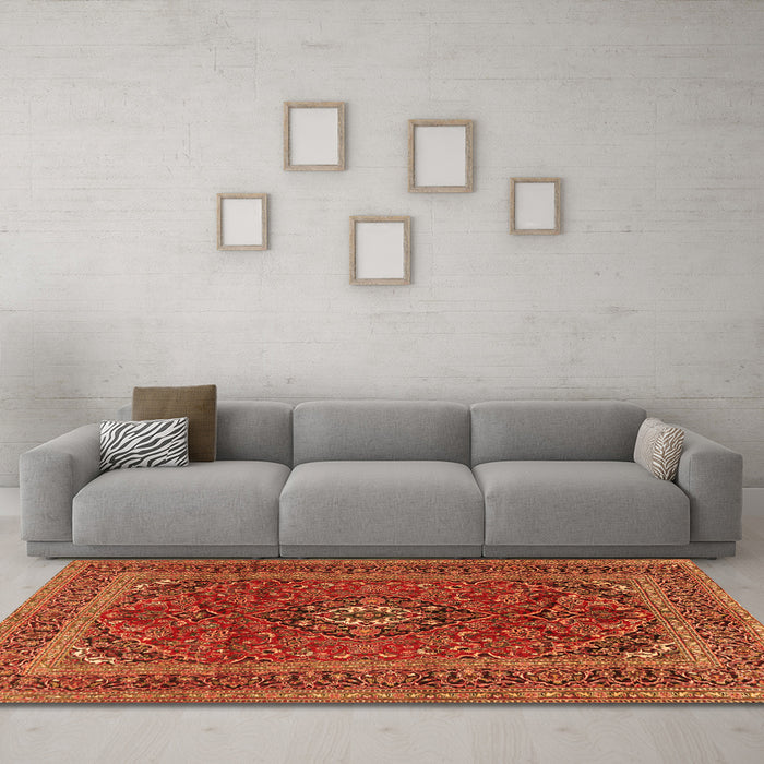 Machine Washable Medallion Orange Traditional Area Rugs in a Living Room, wshtr2902org