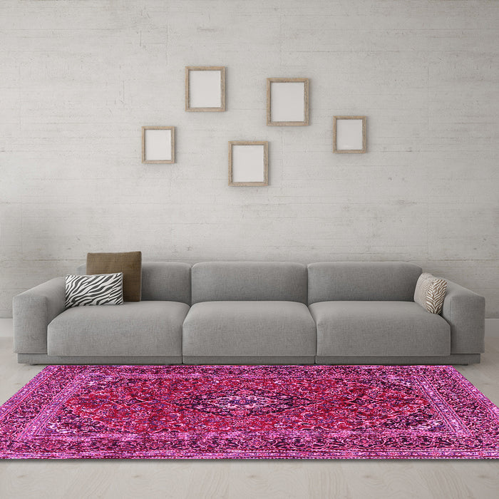 Machine Washable Medallion Pink Traditional Rug in a Living Room, wshtr2902pnk