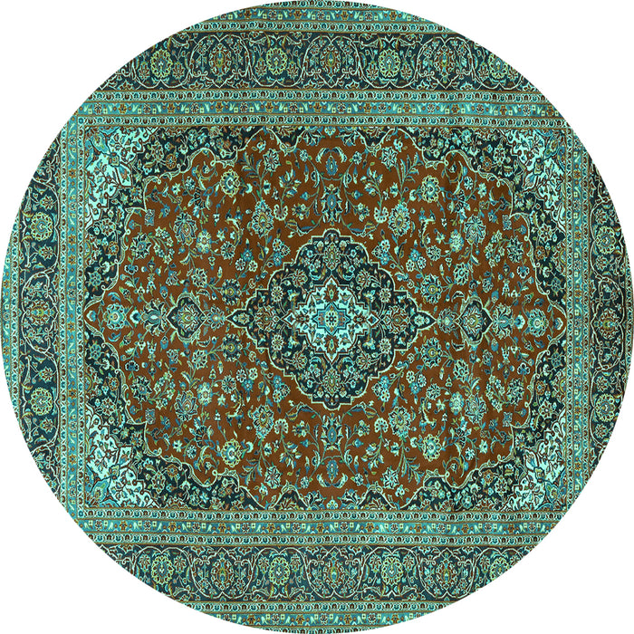 Round Machine Washable Medallion Turquoise Traditional Area Rugs, wshtr2914turq