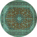 Round Machine Washable Medallion Turquoise Traditional Area Rugs, wshtr2914turq