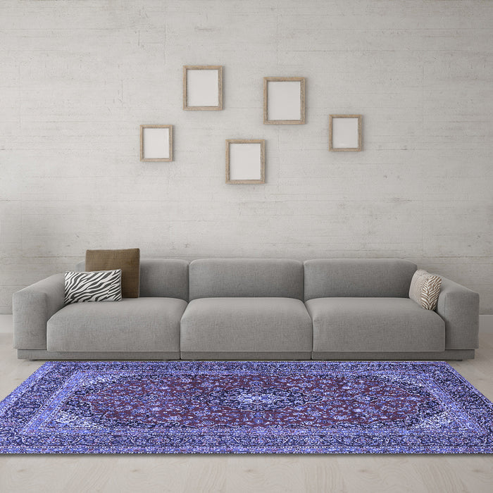 Machine Washable Medallion Blue Traditional Rug in a Living Room, wshtr2914blu