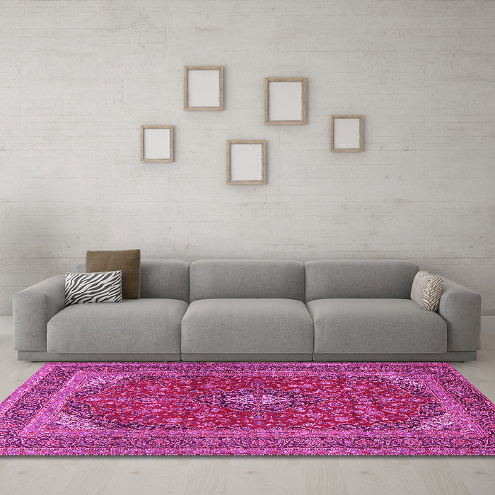 Machine Washable Medallion Pink Traditional Rug in a Living Room, wshtr2914pnk