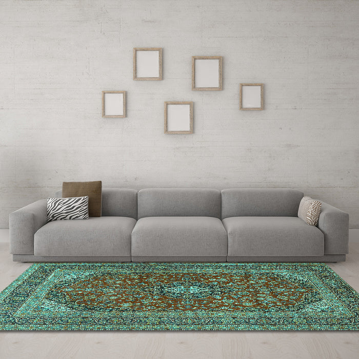 Machine Washable Medallion Turquoise Traditional Area Rugs in a Living Room,, wshtr2914turq
