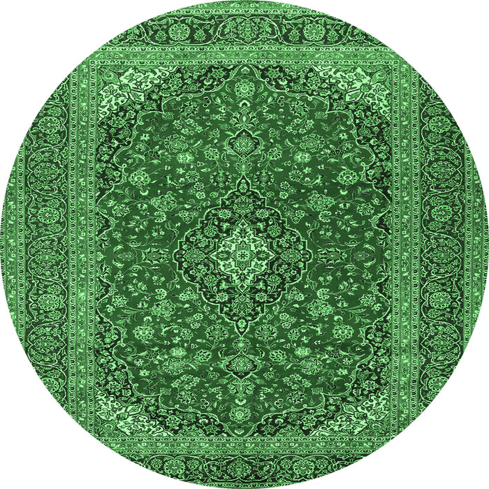 Round Machine Washable Medallion Emerald Green Traditional Area Rugs, wshtr2914emgrn