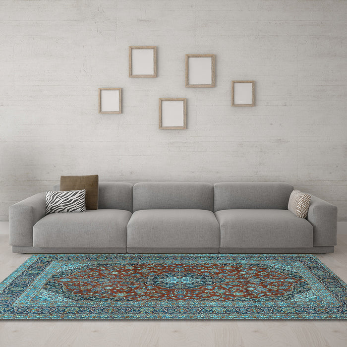 Machine Washable Medallion Light Blue Traditional Rug in a Living Room, wshtr2914lblu