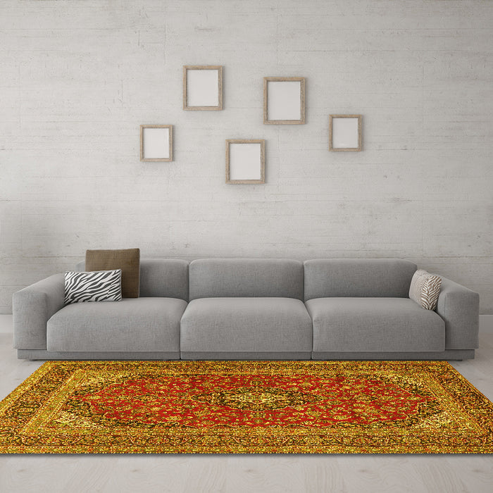 Machine Washable Medallion Yellow Traditional Rug in a Living Room, wshtr2914yw