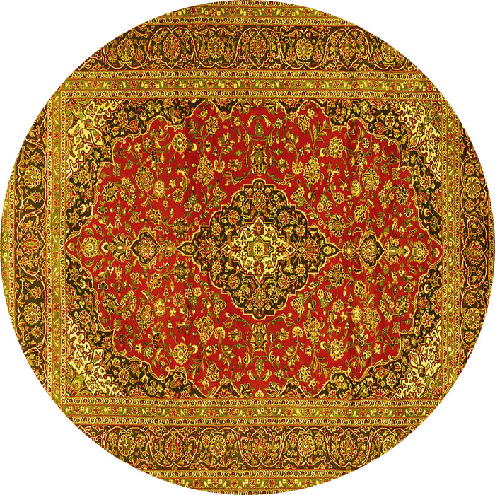 Round Machine Washable Medallion Yellow Traditional Rug, wshtr2914yw