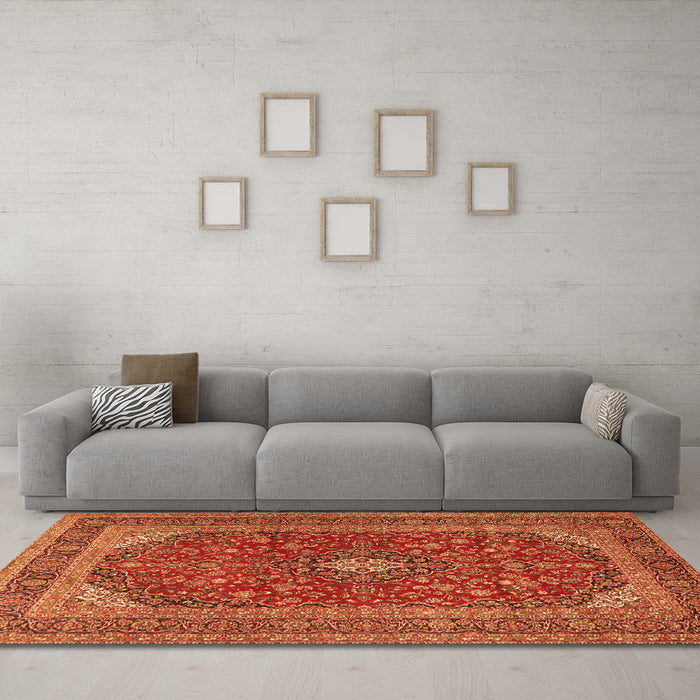Machine Washable Medallion Orange Traditional Area Rugs in a Living Room, wshtr2914org
