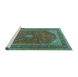 Sideview of Machine Washable Medallion Turquoise Traditional Area Rugs, wshtr2914turq