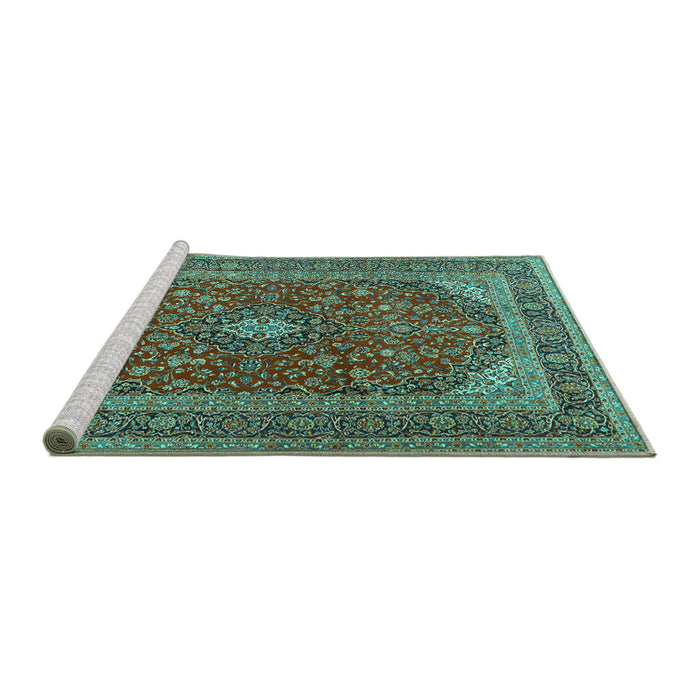 Sideview of Machine Washable Medallion Turquoise Traditional Area Rugs, wshtr2914turq