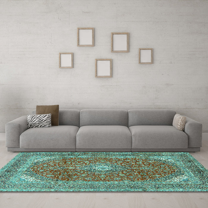 Machine Washable Medallion Turquoise Traditional Area Rugs in a Living Room,, wshtr2915turq