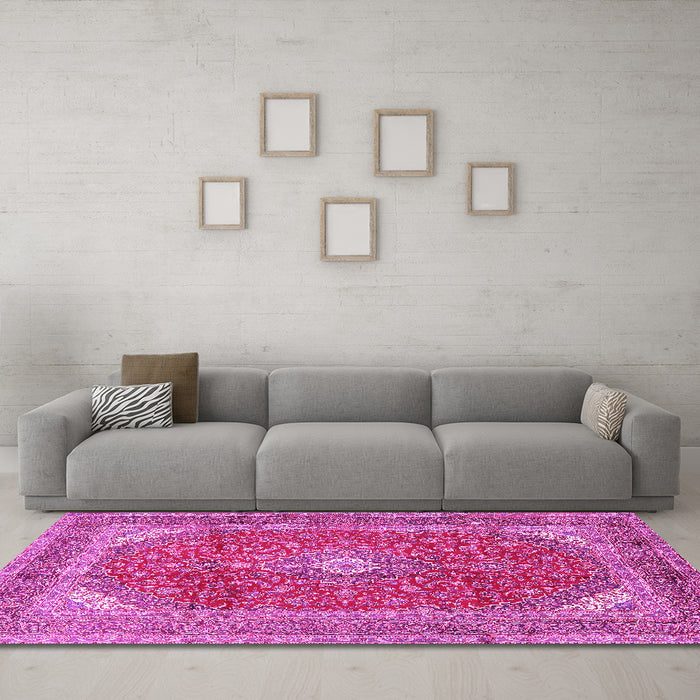 Machine Washable Medallion Pink Traditional Rug in a Living Room, wshtr2915pnk