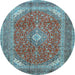 Round Machine Washable Medallion Light Blue Traditional Rug, wshtr2915lblu