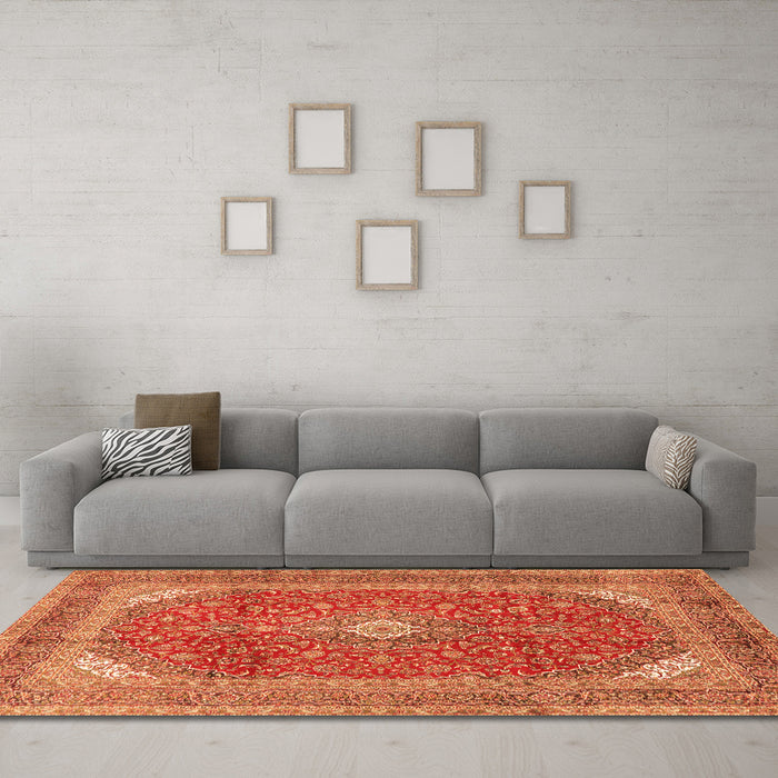 Machine Washable Medallion Orange Traditional Area Rugs in a Living Room, wshtr2915org