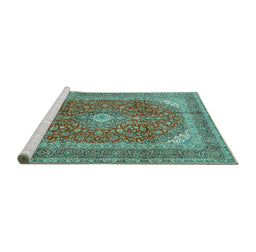Sideview of Machine Washable Medallion Turquoise Traditional Area Rugs, wshtr2915turq