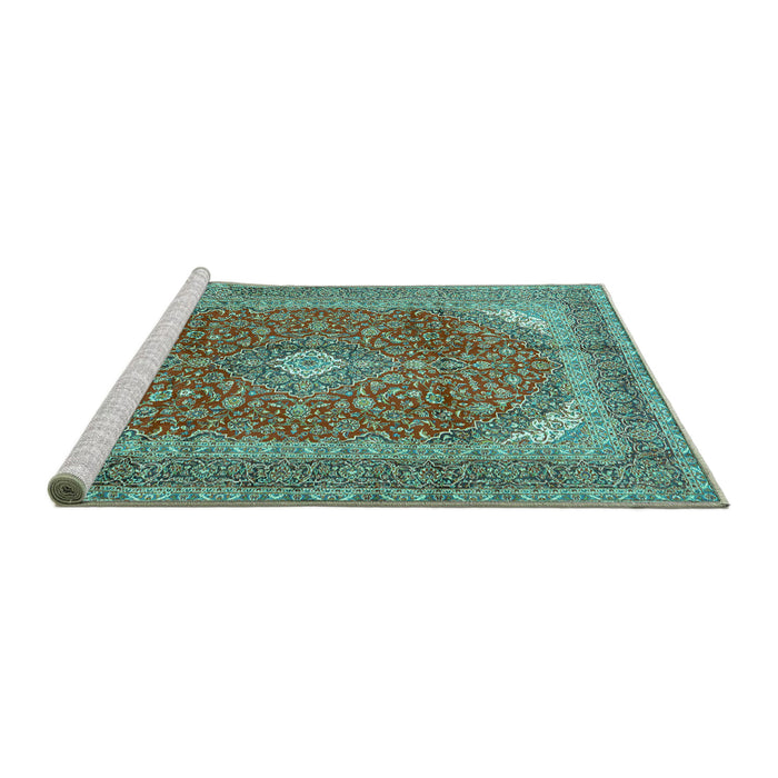 Sideview of Machine Washable Medallion Turquoise Traditional Area Rugs, wshtr2915turq