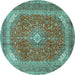 Round Machine Washable Medallion Turquoise Traditional Area Rugs, wshtr2915turq