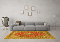 Machine Washable Medallion Yellow Traditional Rug in a Living Room, wshtr2915yw