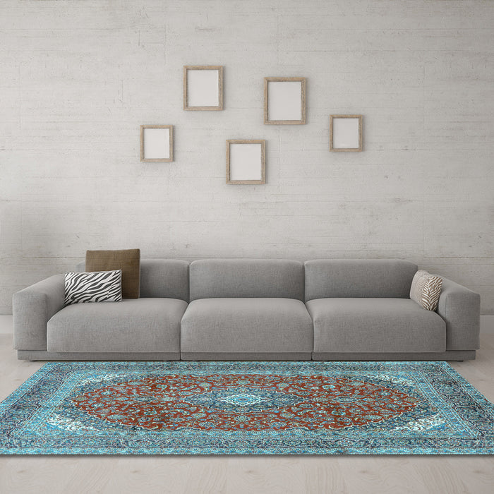Machine Washable Medallion Light Blue Traditional Rug in a Living Room, wshtr2915lblu