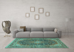 Machine Washable Medallion Turquoise Traditional Area Rugs in a Living Room,, wshtr2916turq