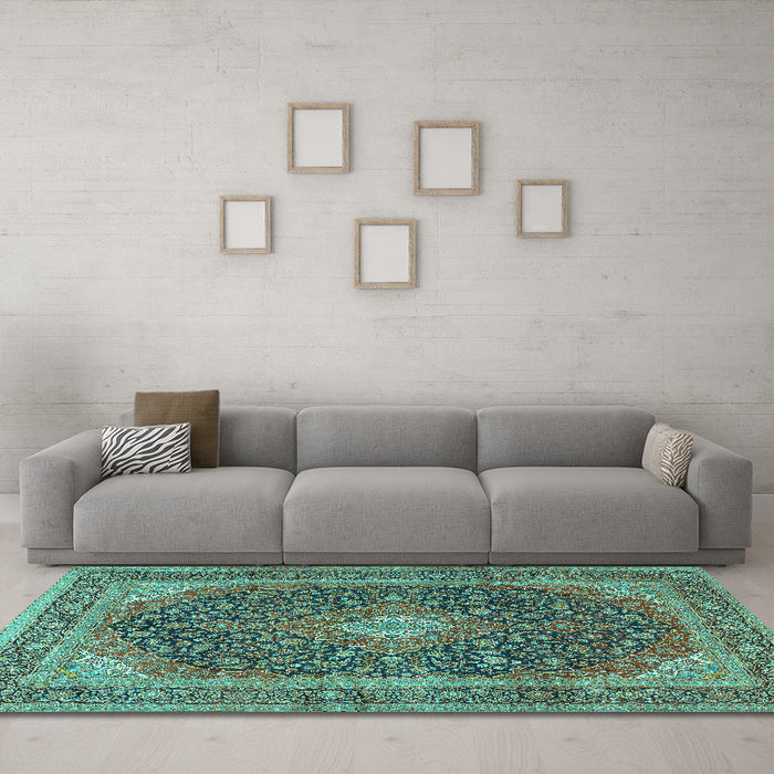 Machine Washable Medallion Turquoise Traditional Area Rugs in a Living Room,, wshtr2916turq