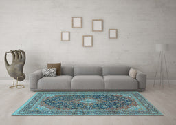 Machine Washable Medallion Light Blue Traditional Rug in a Living Room, wshtr2916lblu