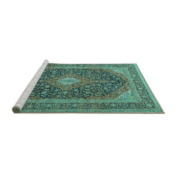 Sideview of Machine Washable Medallion Turquoise Traditional Area Rugs, wshtr2916turq