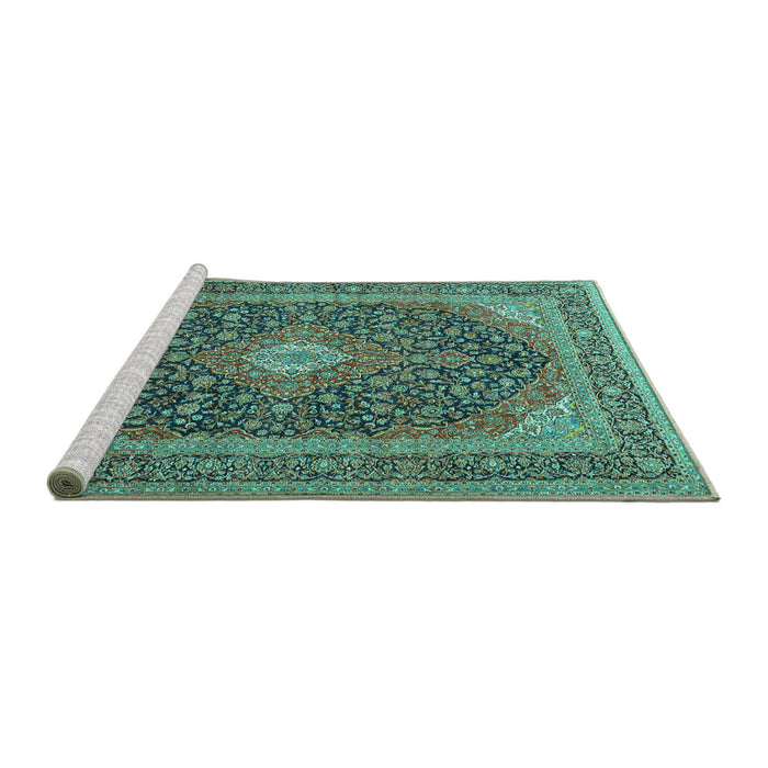 Sideview of Machine Washable Medallion Turquoise Traditional Area Rugs, wshtr2916turq