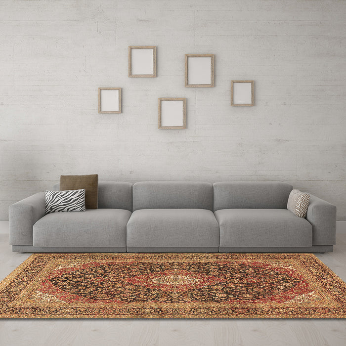 Machine Washable Medallion Brown Traditional Rug in a Living Room,, wshtr2916brn