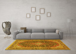 Machine Washable Medallion Yellow Traditional Rug in a Living Room, wshtr2916yw