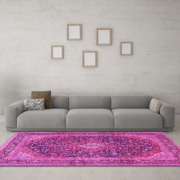 Machine Washable Medallion Pink Traditional Rug in a Living Room, wshtr2916pnk