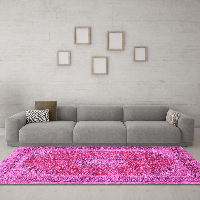 Machine Washable Medallion Pink Traditional Rug in a Living Room, wshtr2917pnk
