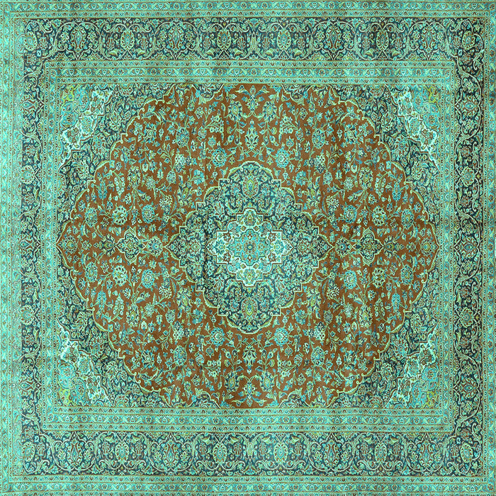 Square Machine Washable Medallion Turquoise Traditional Area Rugs, wshtr2917turq