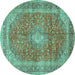 Round Machine Washable Medallion Turquoise Traditional Area Rugs, wshtr2917turq