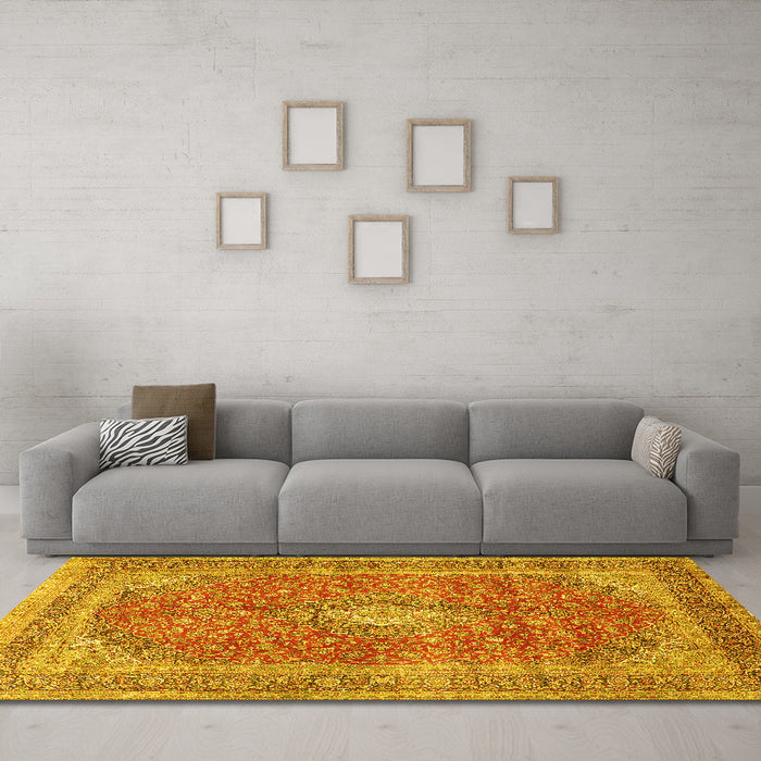 Machine Washable Medallion Yellow Traditional Rug in a Living Room, wshtr2917yw