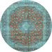 Round Machine Washable Medallion Light Blue Traditional Rug, wshtr2917lblu