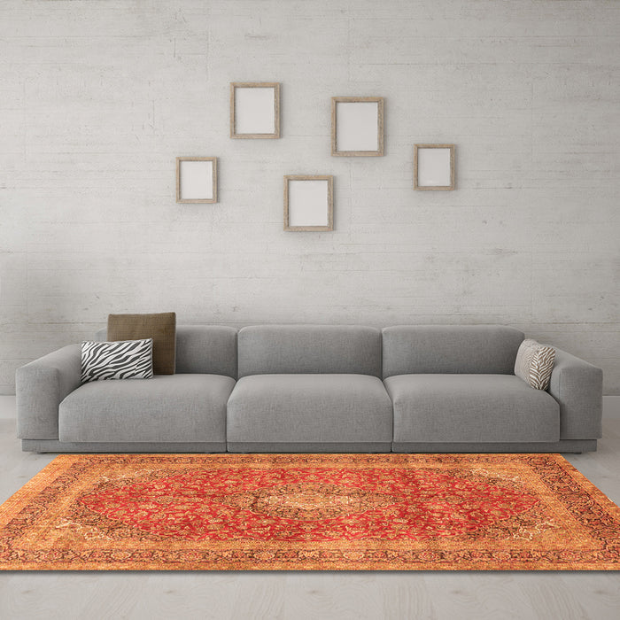 Machine Washable Medallion Orange Traditional Area Rugs in a Living Room, wshtr2917org