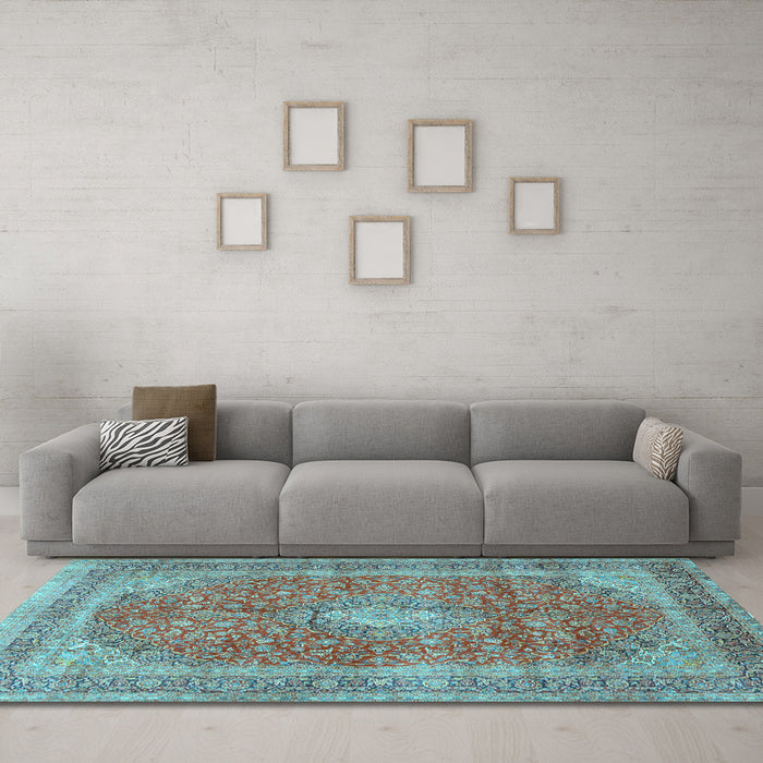 Machine Washable Medallion Light Blue Traditional Rug in a Living Room, wshtr2917lblu