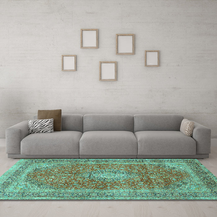 Machine Washable Medallion Turquoise Traditional Area Rugs in a Living Room,, wshtr2917turq