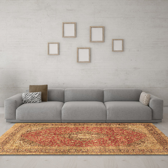 Machine Washable Medallion Brown Traditional Rug in a Living Room,, wshtr2917brn