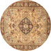 Round Machine Washable Medallion Brown Traditional Rug, wshtr2918brn