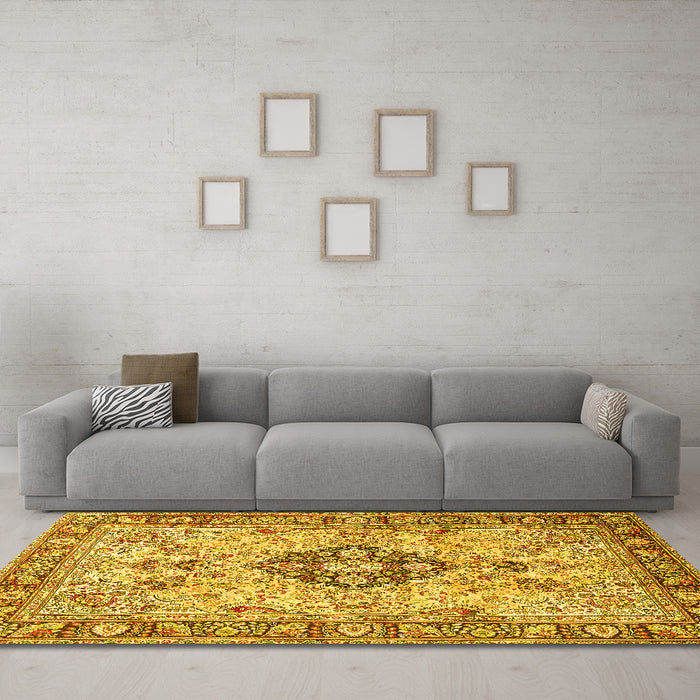 Machine Washable Medallion Yellow Traditional Rug in a Living Room, wshtr2918yw