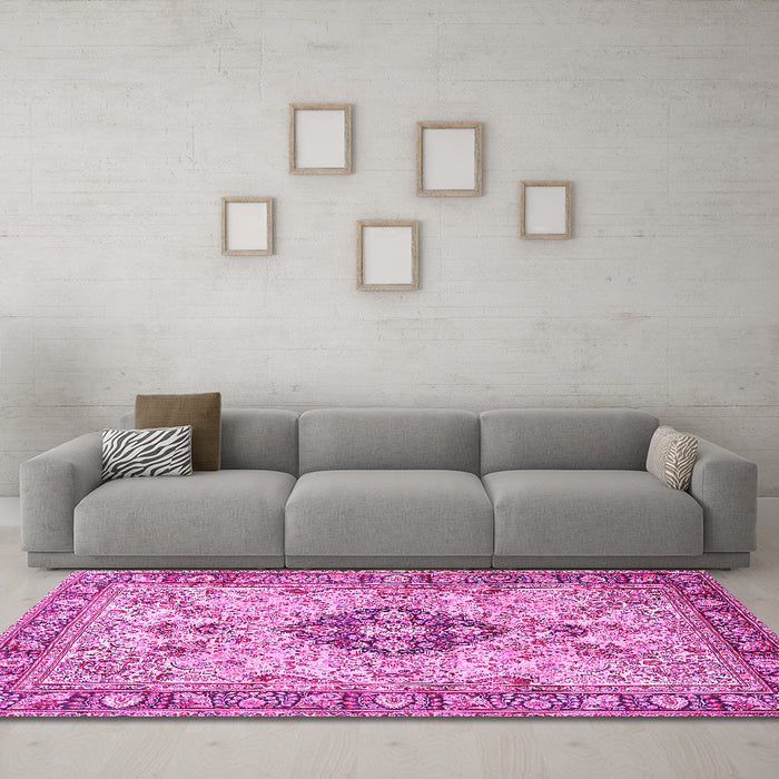 Machine Washable Medallion Pink Traditional Rug in a Living Room, wshtr2918pnk