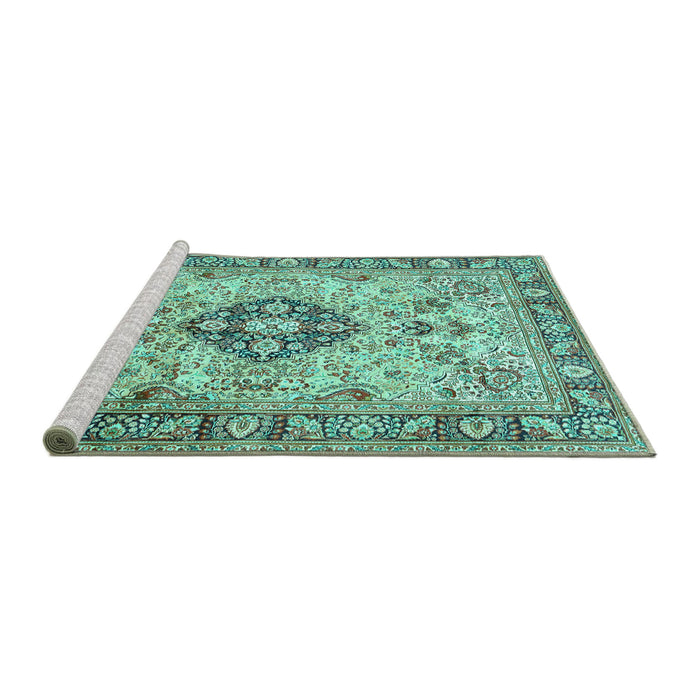 Sideview of Machine Washable Medallion Turquoise Traditional Area Rugs, wshtr2918turq