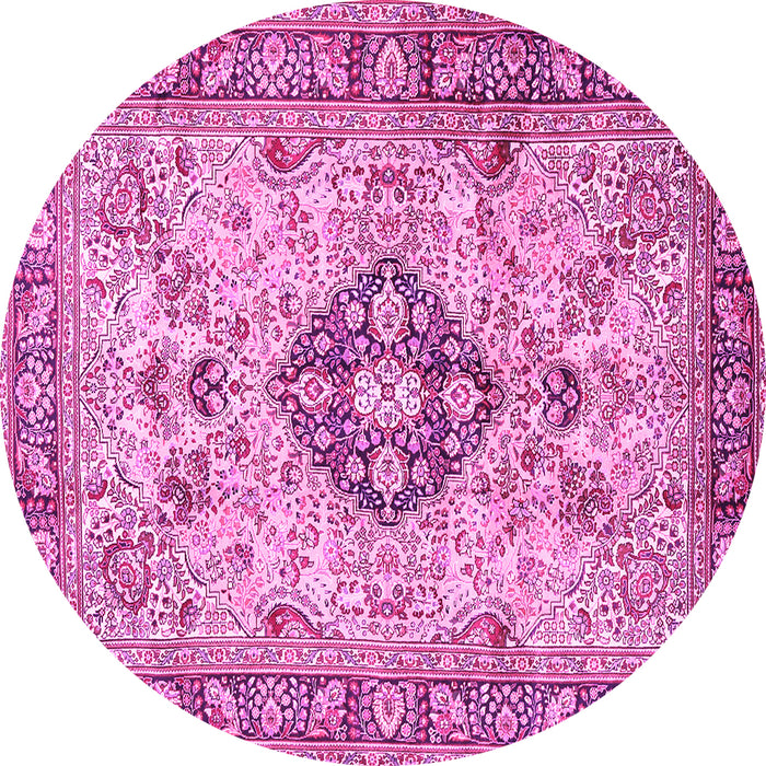 Round Machine Washable Medallion Pink Traditional Rug, wshtr2918pnk