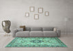 Machine Washable Medallion Turquoise Traditional Area Rugs in a Living Room,, wshtr2918turq
