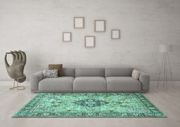 Machine Washable Medallion Turquoise Traditional Area Rugs in a Living Room,, wshtr2918turq