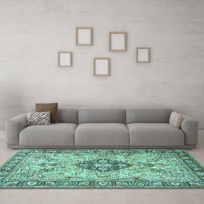 Machine Washable Medallion Turquoise Traditional Area Rugs in a Living Room,, wshtr2918turq