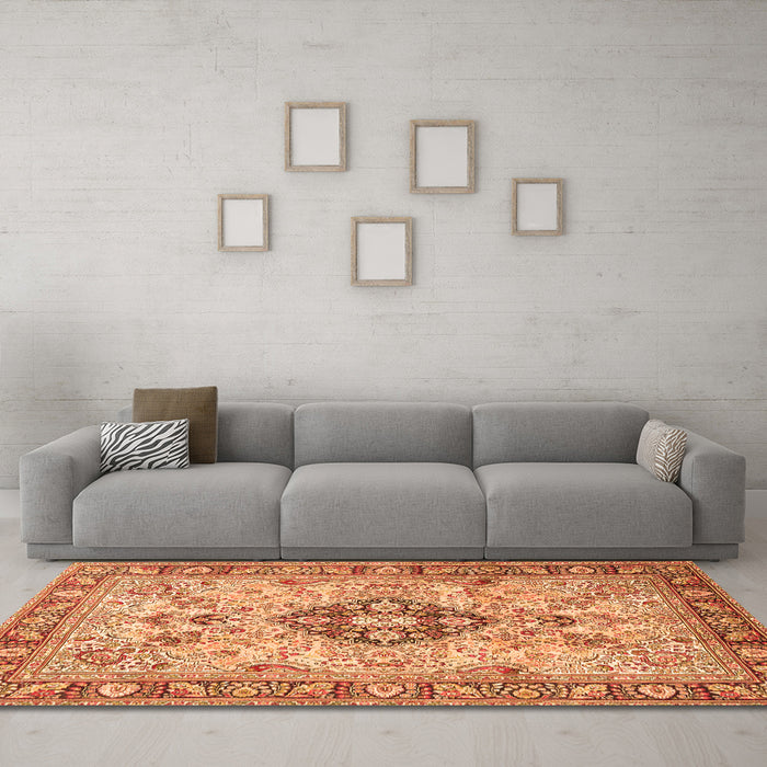 Machine Washable Medallion Orange Traditional Area Rugs in a Living Room, wshtr2918org